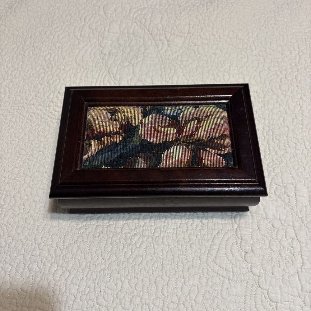 Vintage Wood Jewelry Box Tapestry Needlepoint Top With Mirror
